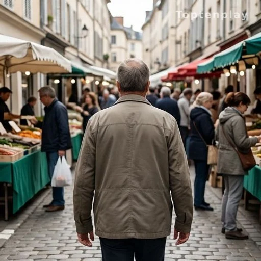 Silhouette d'un homme de dos dans un marché français animé, illustration de la campagne de terrain