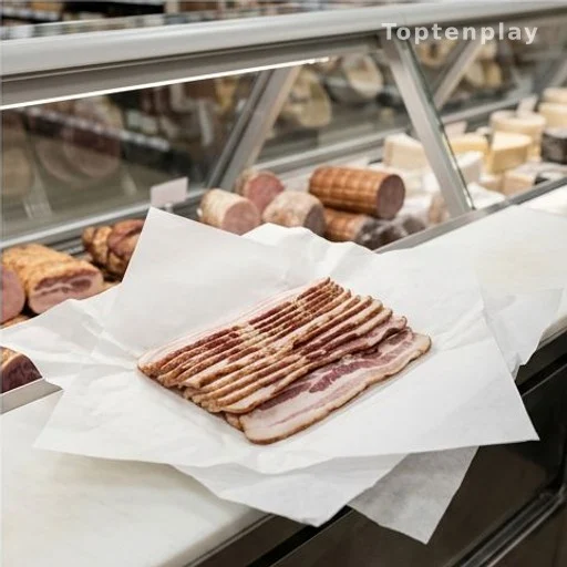 Comptoir charcuterie avec tranches de bacon emballées dans du papier alimentaire