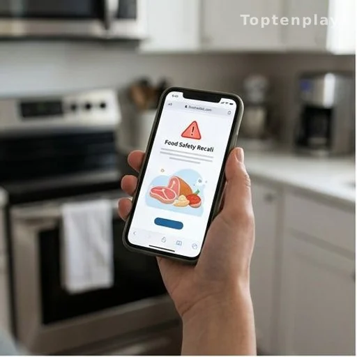 Main tenant un téléphone affichant un site de rappel alimentaire dans une cuisine