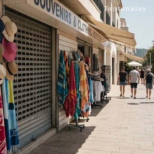 Boutique fermée en matinée sur une promenade balnéaire méditerranéenne