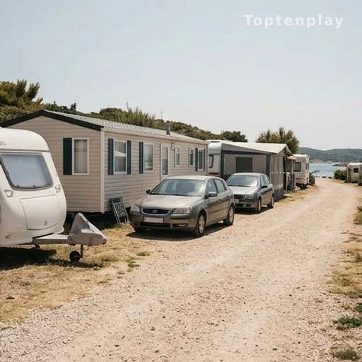 Rangée de mobil-homes dans un camping côtier avec peu de véhicules garés