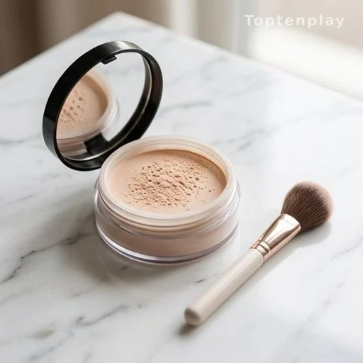 Poudre libre et pinceau beauté sur surface marbre blanche, campagne maquillage