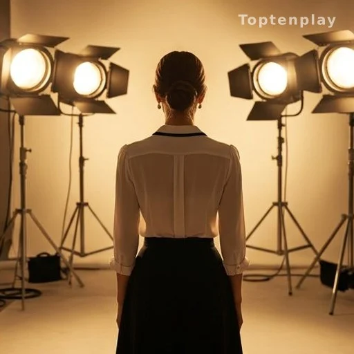 Femme de dos sur un plateau photo de campagne beauté internationale, lumière studio dorée