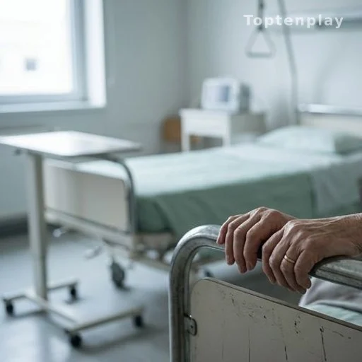 Mains posées sur le bord d'un lit d'hôpital, lumière clinique douce