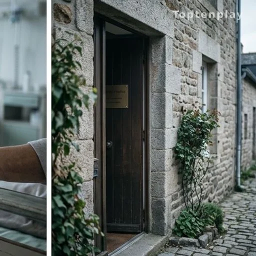 Porte entrouverte d'un cabinet de thérapie dans un immeuble en pierre, ambiance bretonne