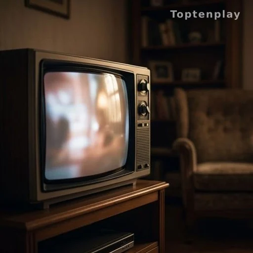 Ancien téléviseur allumé dans un salon, évoquant les séries des années 1990