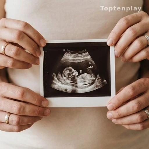 Échographie de grossesse tenue entre deux mains, annonce de naissance