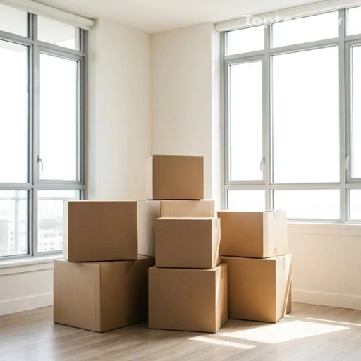 Cartons de déménagement dans un appartement lumineux, installation en couple