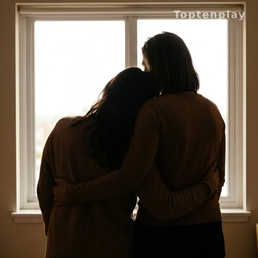 Deux silhouettes féminines côte à côte près d'une fenêtre lumineuse, complicité familiale