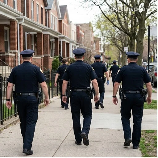 Policiers en patrouille dans un quartier résidentiel lors d'une opération de recherche
