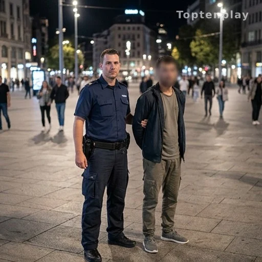 Policier en intervention de nuit dans un quartier urbain animé
