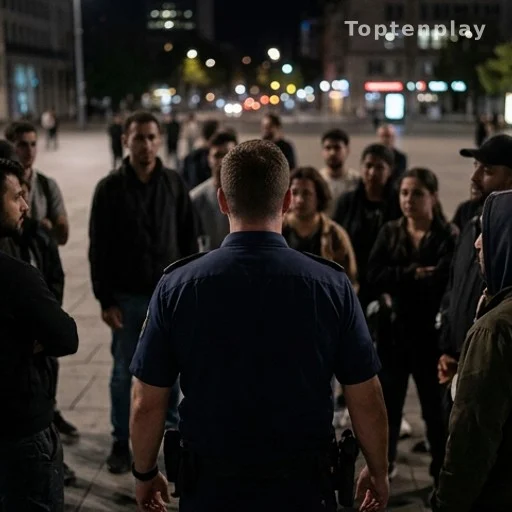 Policier encerclé par un groupe de nuit dans une rue urbaine