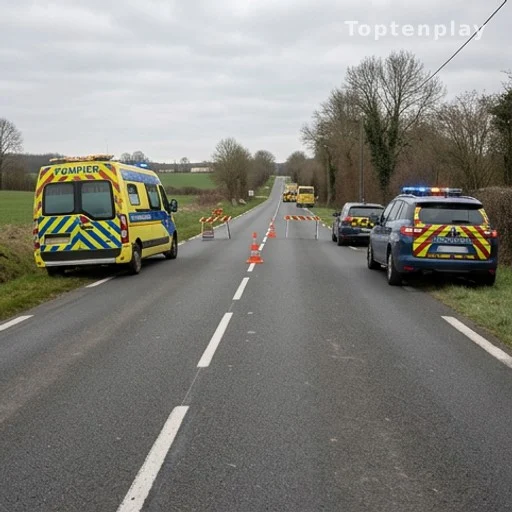 Route départementale française après un accident de la route, véhicules de secours visibles