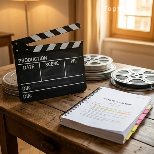 Bureau de production cinématographique français avec clap et scénario sur un bureau