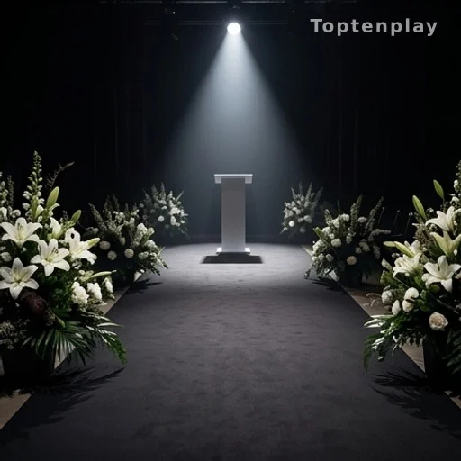 Tapis rouge d'un événement de mode avec hommage floral, ambiance de deuil