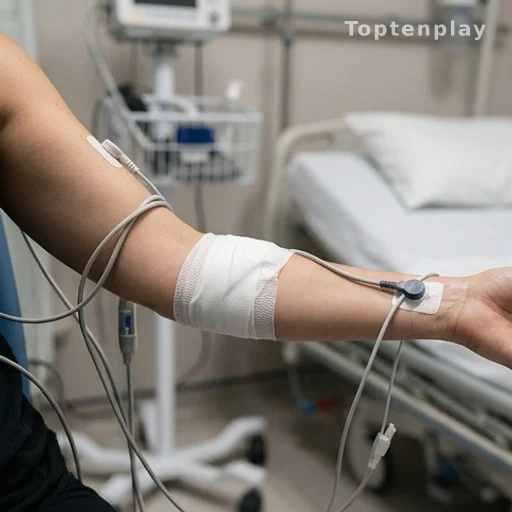 Bras bandagé dans une chambre d'hôpital après une morsure de vipère
