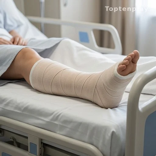 Jambe plâtrée d'une patiente allongée dans un lit d'hôpital
