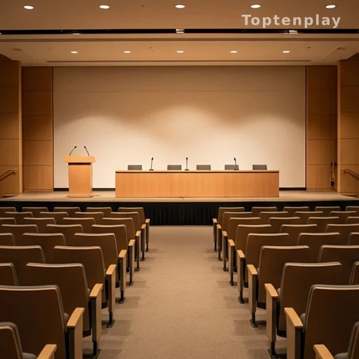 Salle de conférence politique vide avec estrade et micros avant un événement militant