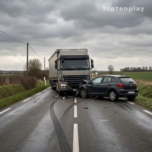 Route départementale française avec traces de freinage après un accident impliquant un poids lourd