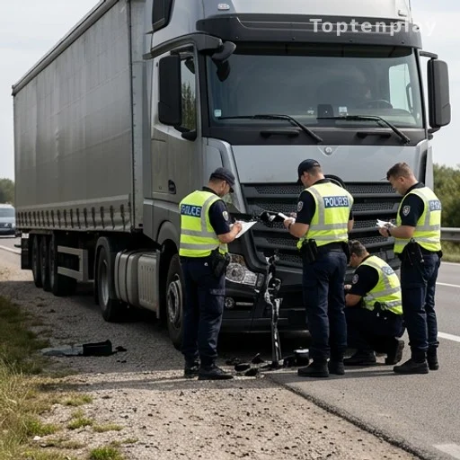 Policiers inspectant l'avant d'un poids lourd immobilisé sur le bord de la route