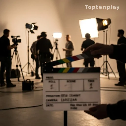 Plateau de tournage avec clap cinéma au premier plan et équipe en silhouette