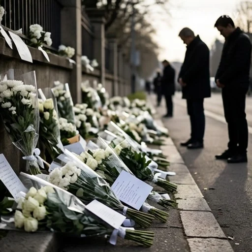 Hommage floral anonyme déposé sur un trottoir en mémoire de victimes