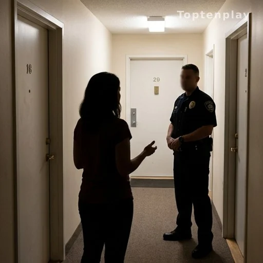Couloir d'immeuble résidentiel avec voisine signalant des faits à un agent de police