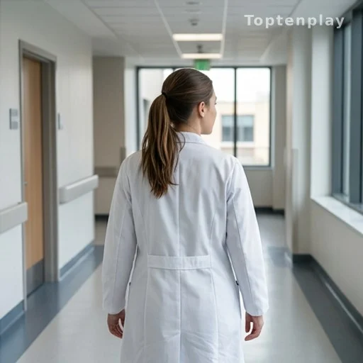 Étudiante en médecine de dos dans un couloir d'hôpital