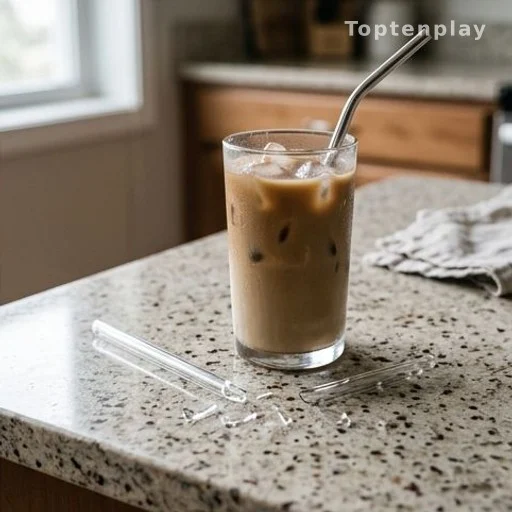 Paille en verre cassée posée sur un comptoir de cuisine à côté d'un café glacé