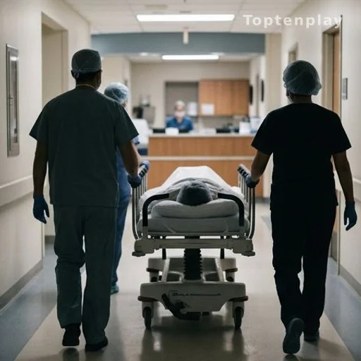 Équipe médicale en couloir d'hôpital poussant un brancard, silhouettes anonymes
