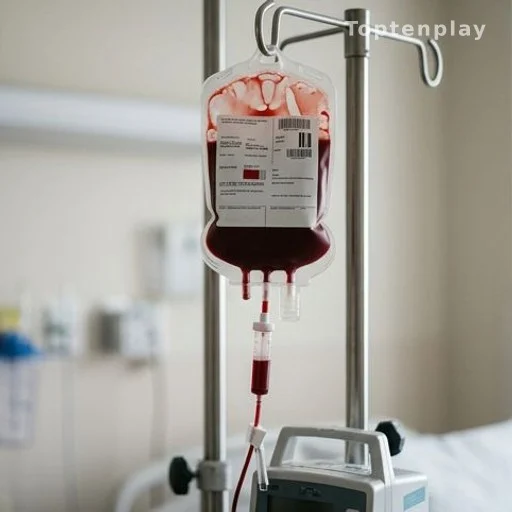 Poche de transfusion sanguine suspendue à une potence dans une chambre d'hôpital