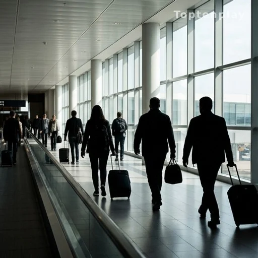 Couloir d'aéroport avec voyageurs anonymes de dos