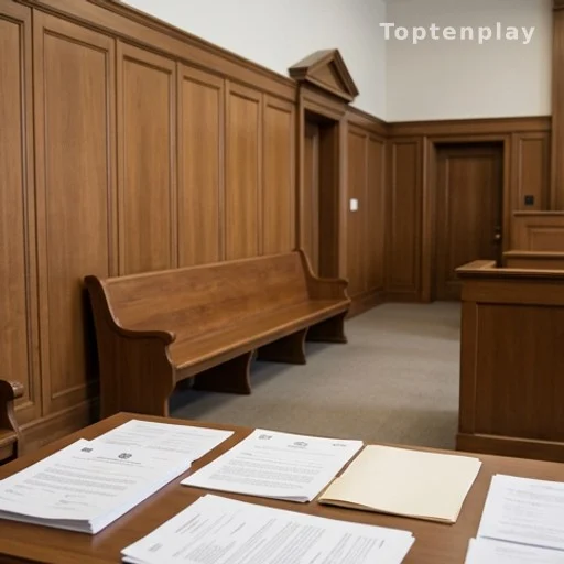 Couloir de palais de justice avec documents officiels sur une table