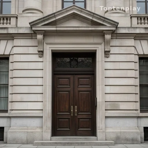 Façade en pierre d'un palais de justice avec grandes portes en bois