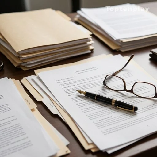 Bureau d'avocat avec dossiers juridiques et documents officiels