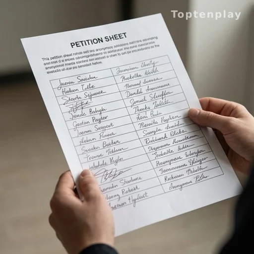 Feuille de pétition couverte de signatures tenue par des mains anonymes