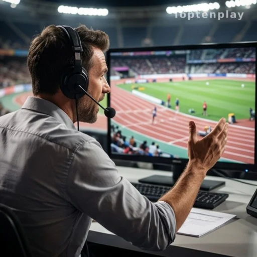 Commentateur sportif de dos au pupitre face à un écran d'athlétisme