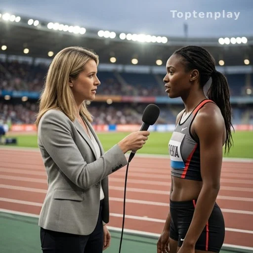 Journaliste avec micro interviewant un athlète en bord de piste