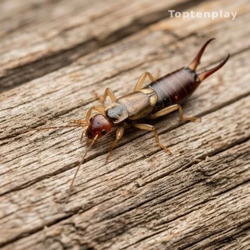 Perce-oreille sur une surface en bois, vue rapprochée