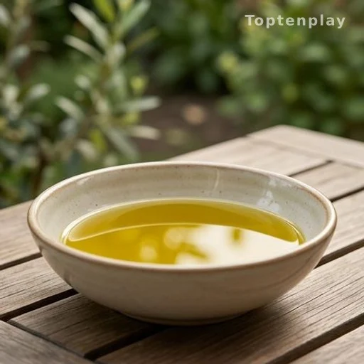 Bol peu profond rempli d'huile d'olive posé dans un jardin