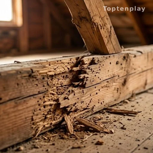 Poutre en bois dégradée dans une charpente de maison