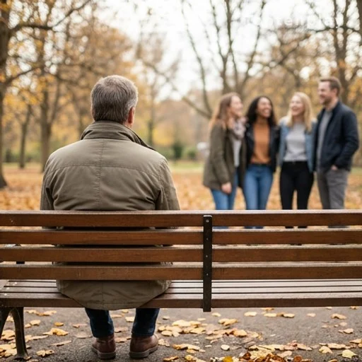 Personne seule sur un banc observant un groupe d'amis au loin en automne