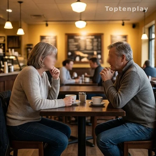 Deux personnes d'une cinquantaine d'années en conversation dans un café