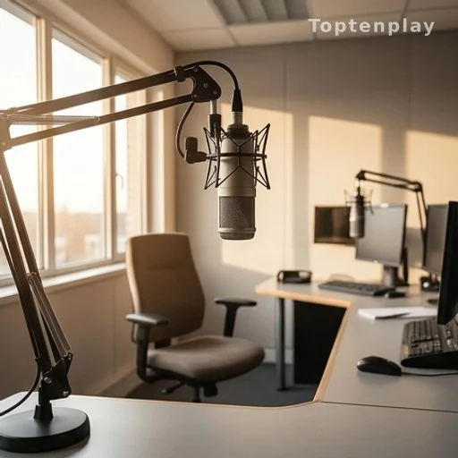 Studio de radio avec microphone au premier plan, lumière matinale