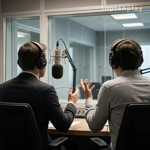 Deux animateurs de dos dans un studio de radio vitré