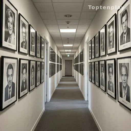 Couloir d'une grande maison de radio avec portraits en noir et blanc au mur