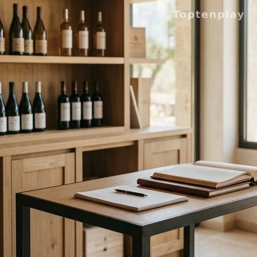 Table de dédicaces vide dans un caveau viticole ensoleillé