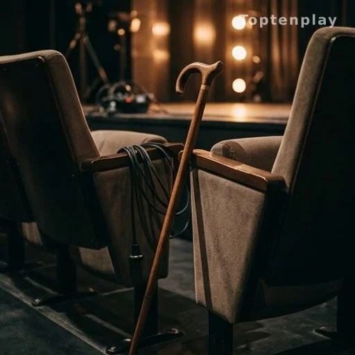 Canne en bois posée contre un fauteuil en coulisses de théâtre
