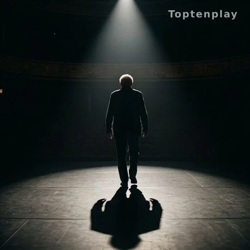 Silhouette d'un acteur âgé de dos sur une scène de théâtre vide