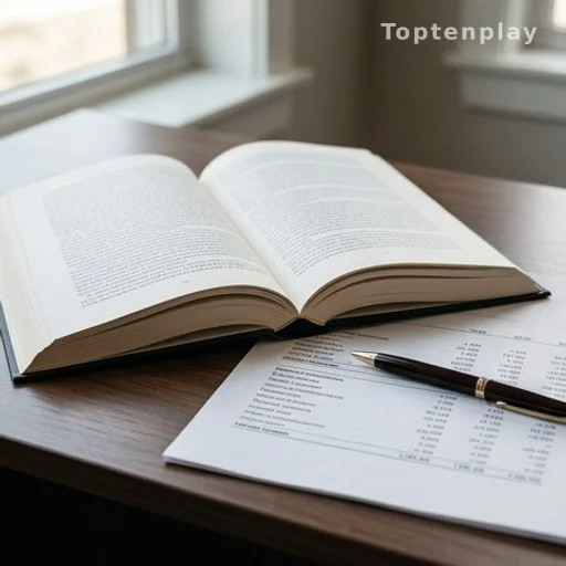 Livre ouvert posé sur un bureau avec un document financier et un stylo